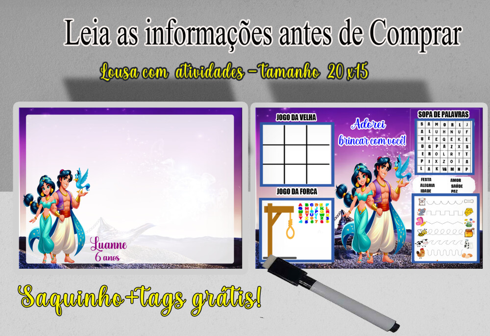 Lembrancinhas da Princesa Jasmine Lousa Magica com canetinha