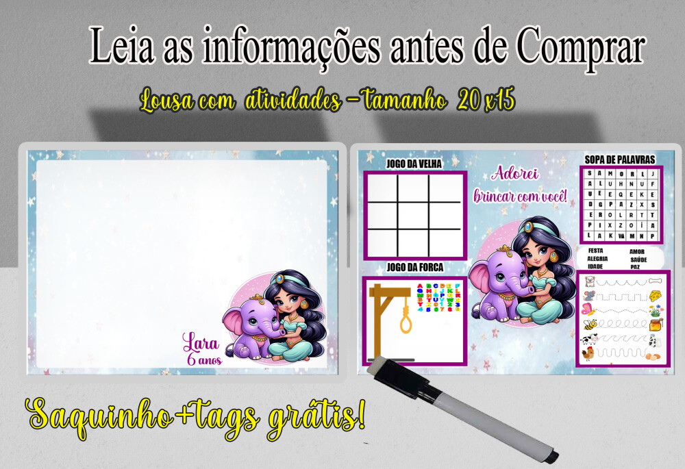 Lembrancinhas da Princesa Jasmine Lousa Magica com canetinha