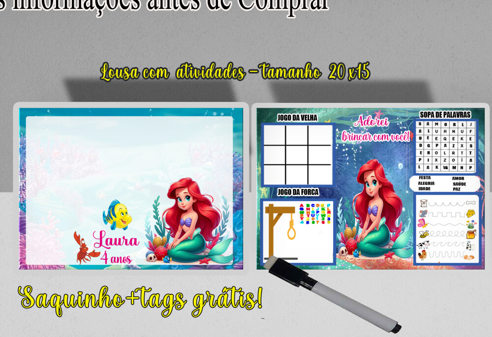 Lousa Magica com canetinha lembrancinhas da Sereia Ariel