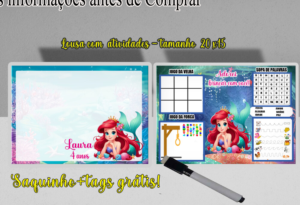 Lousa Magica com canetinha lembrancinhas da Sereia Ariel