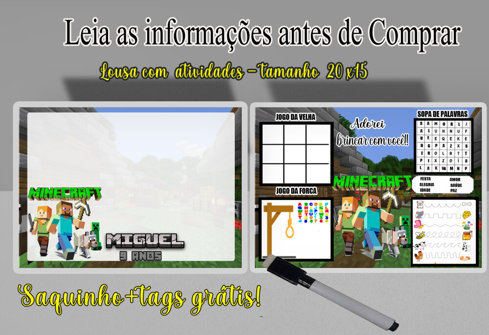 Lousa Magica com canetinha lembrancinhas do Minecraft
