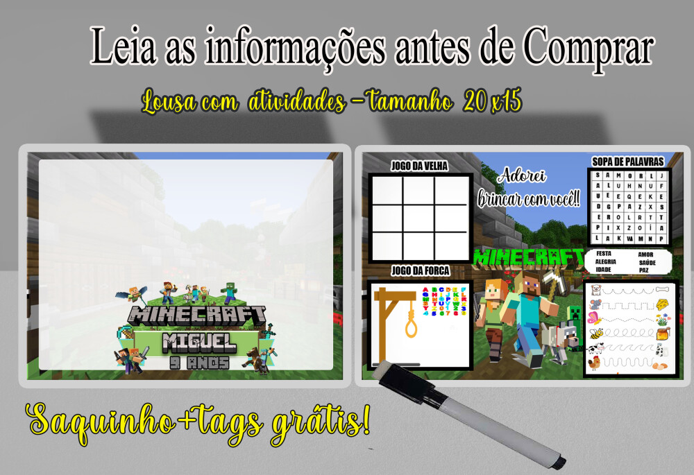 Lousa Magica com canetinha lembrancinhas do Minecraft