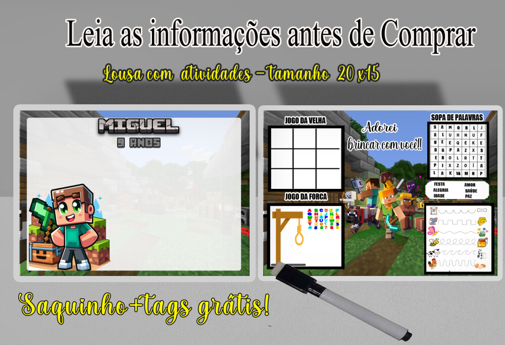 Lousa Magica com canetinha lembrancinhas do Minecraft