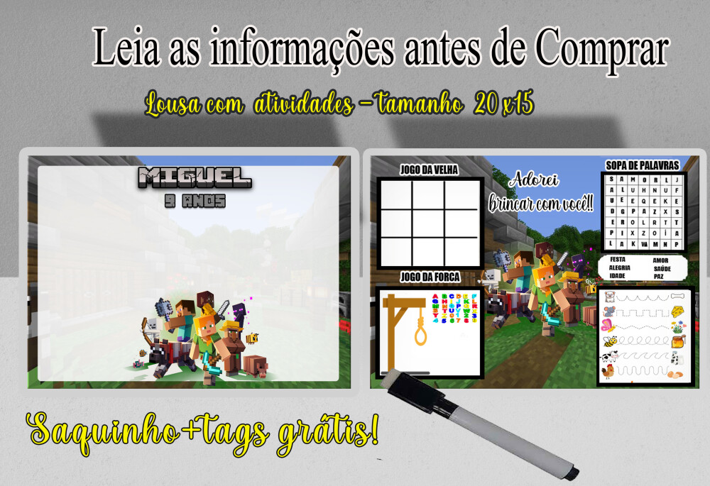 Lousa Magica com canetinha lembrancinhas do Minecraft