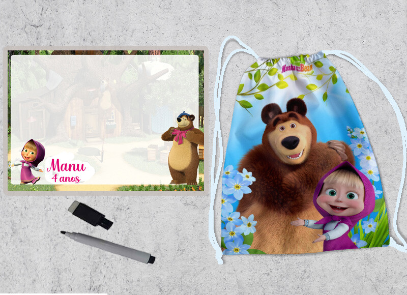 Kit Mochila e Lousa Magica lembracinhas de aniversario Marsha e o