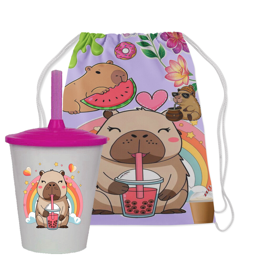 Kit Mochilinha e Copo Twister lembrancinhas da Capivara