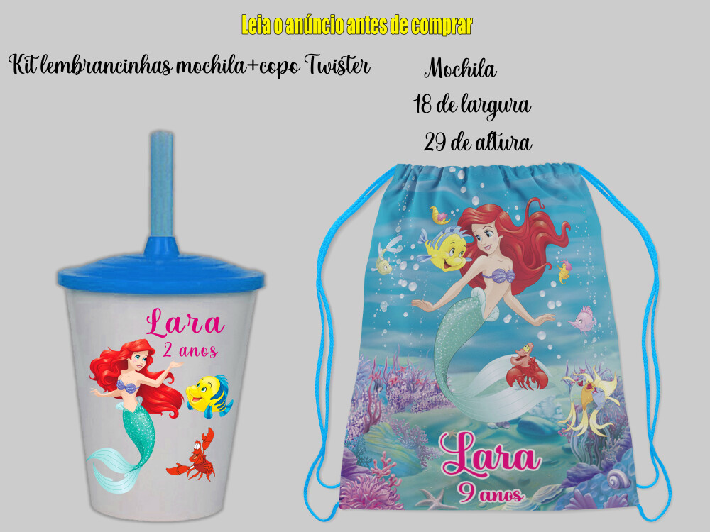 Kit mochilinha e copo twister personalizado para lembrancinhas da