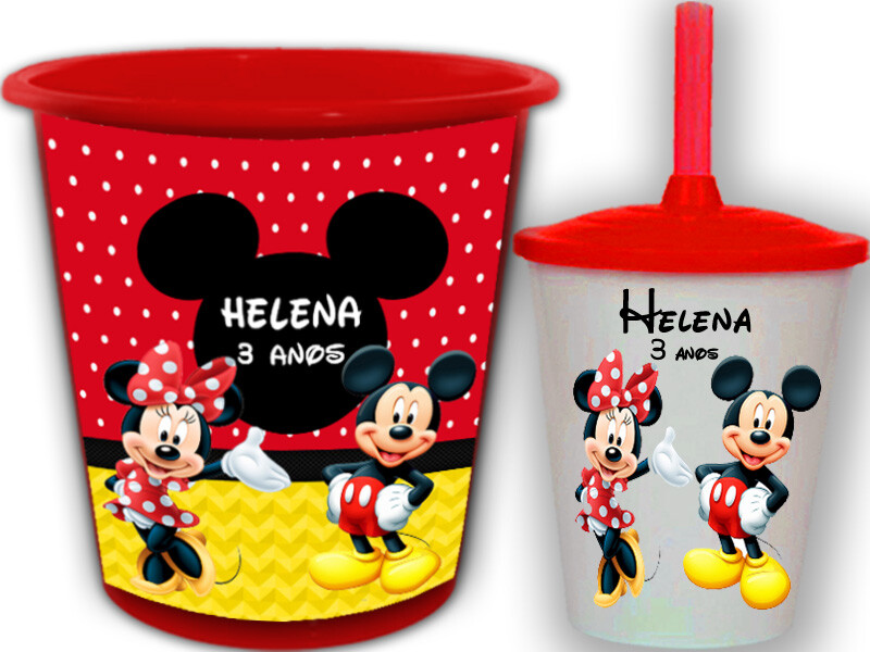 kit Balde de Pipoca e Copo Twister lembrancinhas da Minnie e Mick