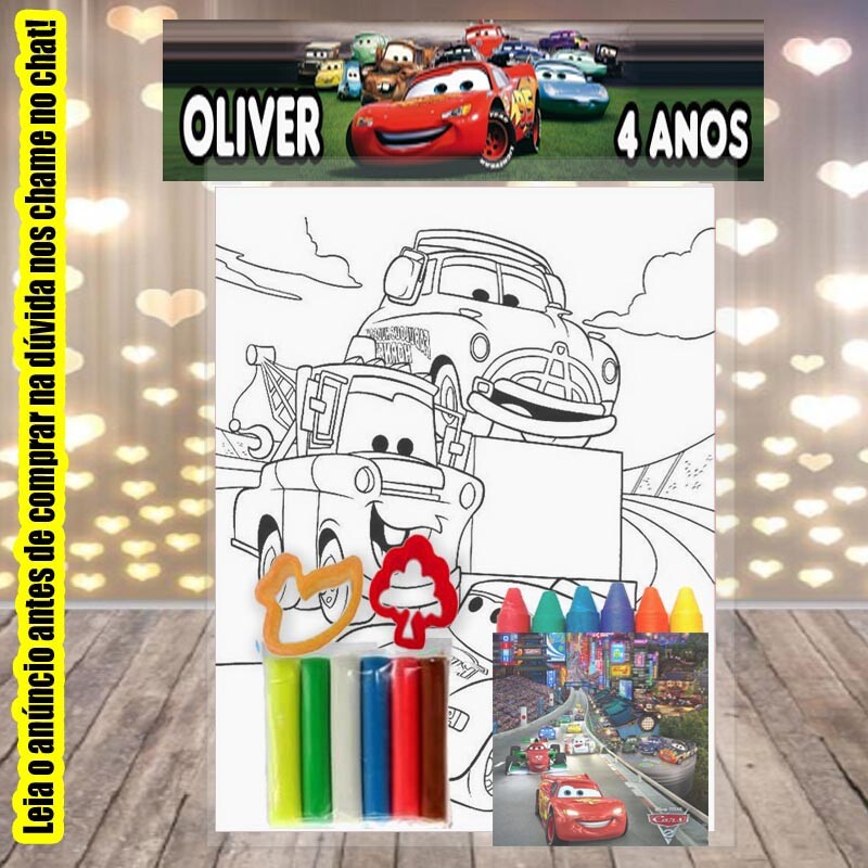 kit colorir com massinha modelar+forminhas lembrancinhas dos carr