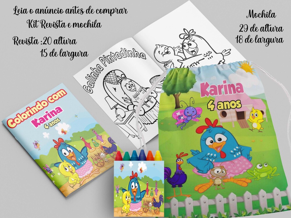 kit Mochilinha e Revista de colorir lembrancinhas da Galinha Pint