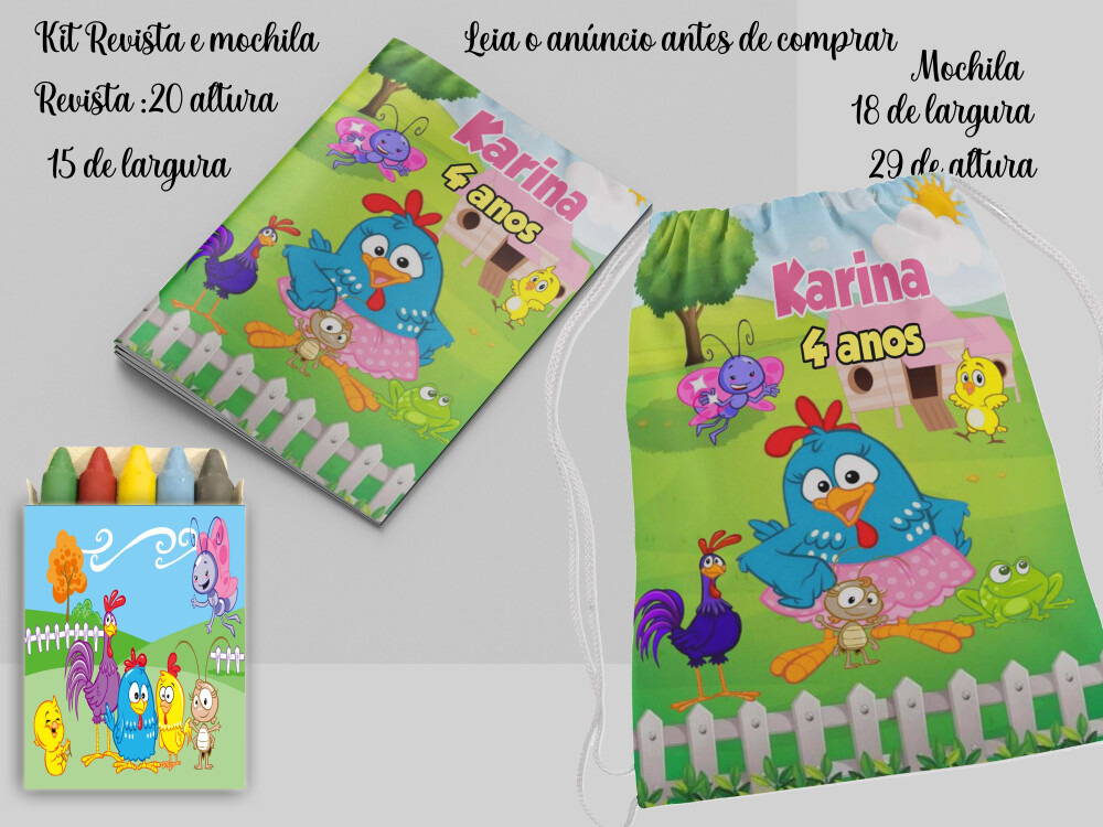kit Mochilinha e Revista de colorir lembrancinhas da Galinha Pint