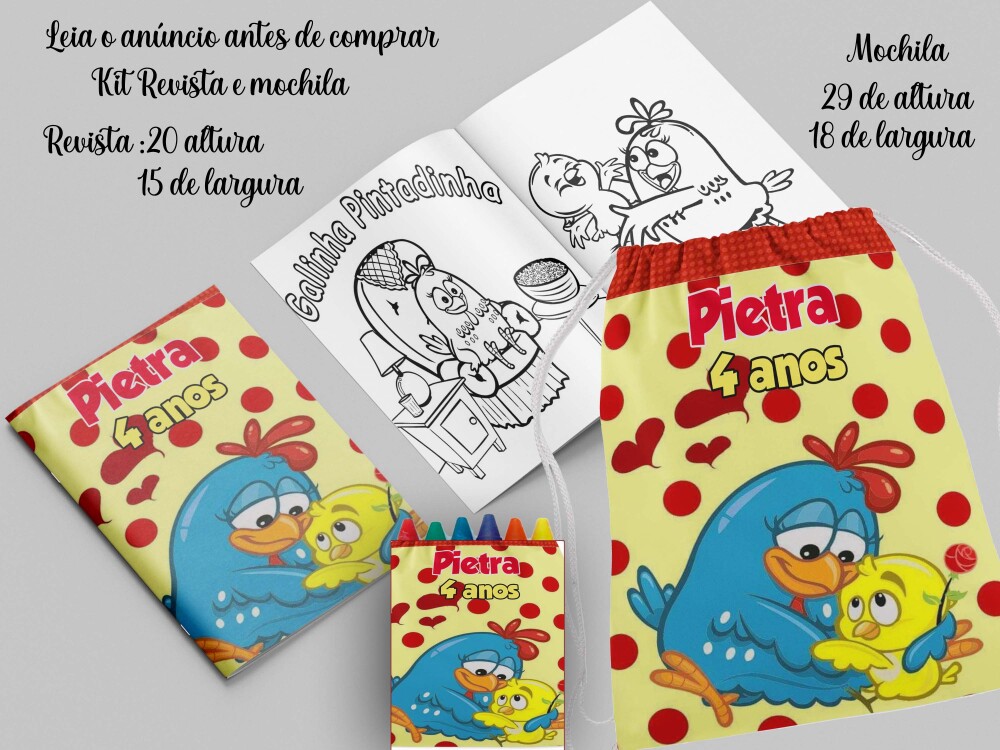 kit Mochilinha e Revista de colorir lembrancinhas da Galinha Pint