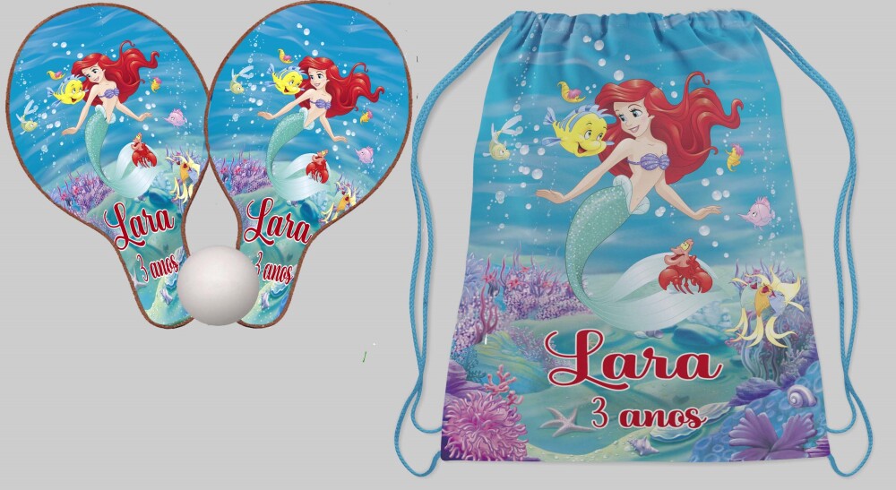 Kit Mochilinha e Raquete Ping Pingo lembrancinhas da Sereia Ariel