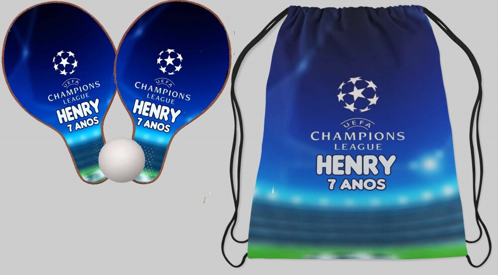 Kit mochilinha e raquete Ping Pong Aniversario Champions League