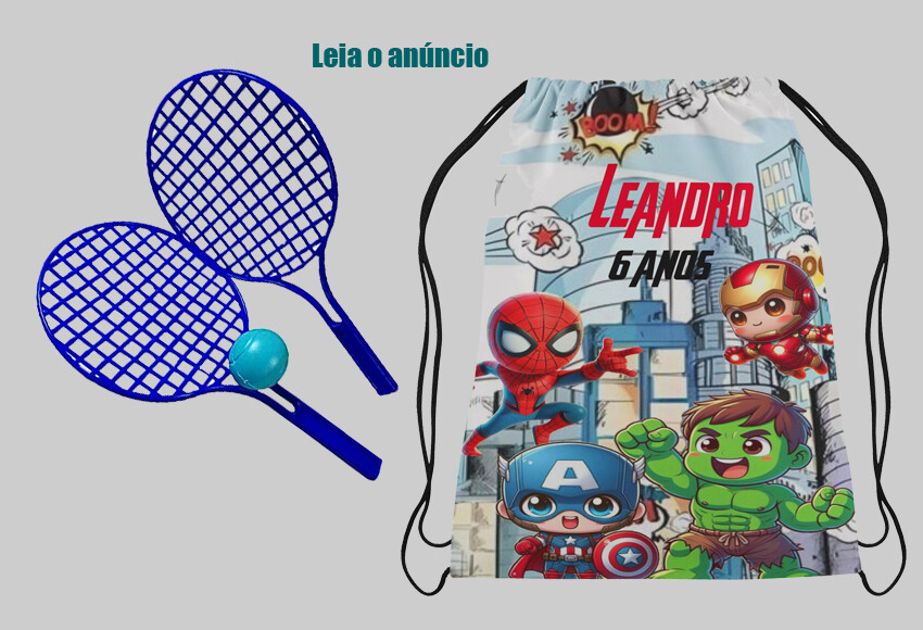 Kit com Mochila e Raquete ping pong personalizada Super Heróis M