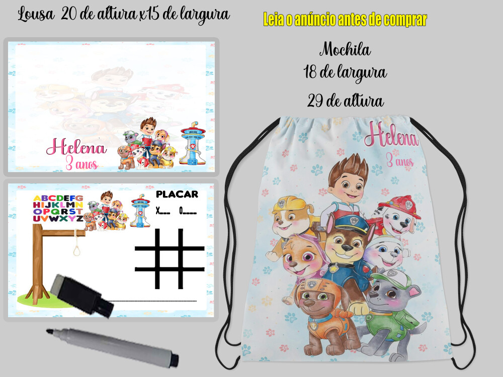 Kit Mochila e Lousa magica lembrancinhas da Patrulha Canina