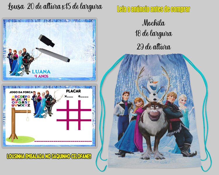 kit Mochilinha e Lousa Magica para lembrancinhas Frozen
