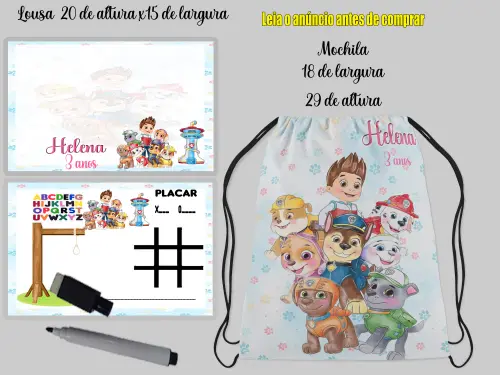 Kit Mochila e Lousa Personalizada da Patrulha Canina