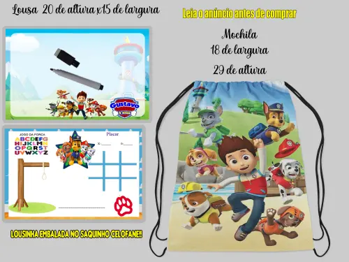 Kit Mochila e Lousa Personalizada da Patrulha Canina