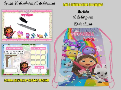 Kit mochila e lousa personalizada Casa Magica da Gabby