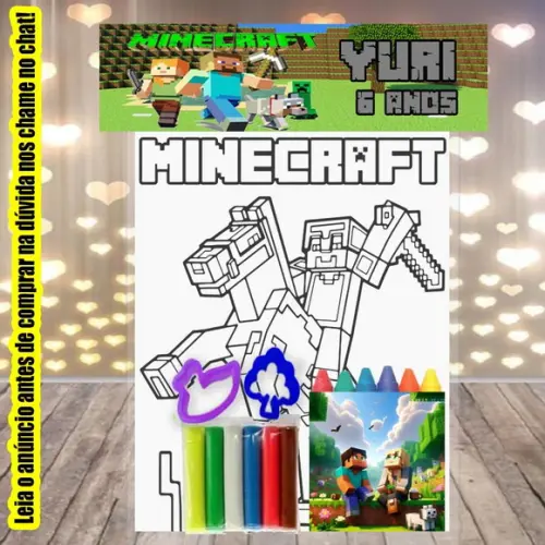 Kit do Minecraft Colorir + Massinha de Modelar com Forminhas