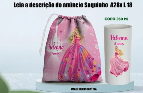 Kit Lembrancinha Barbie Saquinho Surpresa e Copo Long Drink
