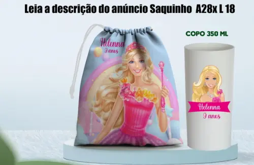 Kit Lembrancinha Barbie Saquinho Surpresa e Copo Long Drink