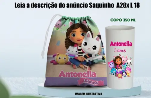 Kit Lembrancinhas Casa Magica Gabby Saquinho Surpresa e Copo