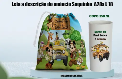 Kit Lembrancinhas Mickey Safari Saquinho Surpresa e Copo
