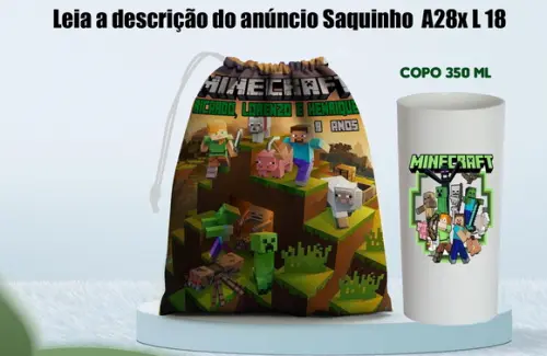 Kit Saquinho Surpresa e Copo Long Drink do Minecraft