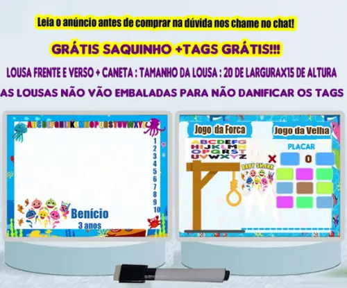 Lousa Pesonalizada Frente Joguinhos Verso do Baby Shark