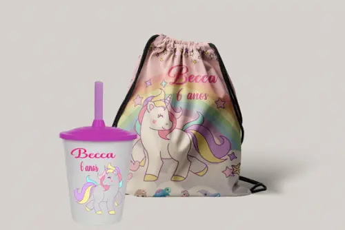 Mochilinha e Copo Twister Personalizado Unicornio
