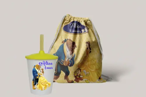 Mochilinha Personalizada e Copo Twister da Bela e a Fera