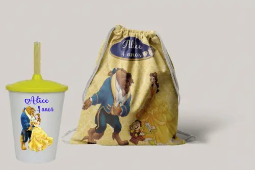 Mochilinha Personalizada e Copo Twister da Bela e a Fera