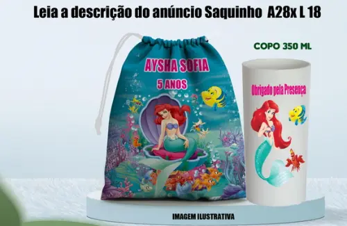 Saquinho Surpresa + Copo Long Drink Personalizado da Ariel