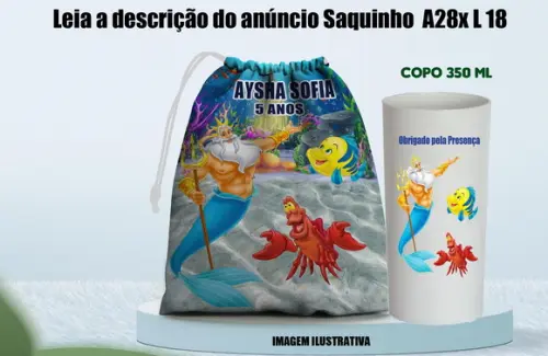 Saquinho Surpresa + Copo Long Drink Personalizado da Ariel