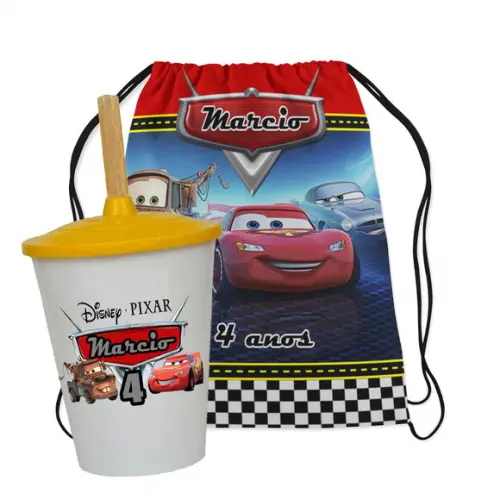 20 Kit Mochilinha +copo Twister Personalizado Carros Disney