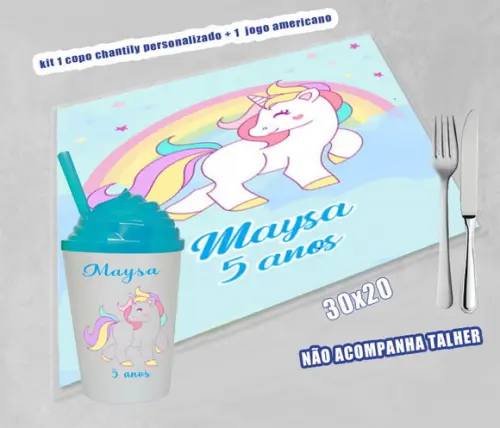 Copo Twister Chantilly +jogo Americano Unicornio Lavável