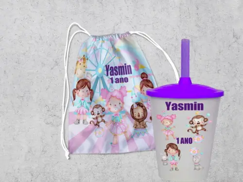 Ki Mochila + Copo Twister Lembrancinhas Circo Rosa