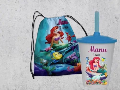Kit Aniversaro Sereia Ariel Mochila + Copo Twister