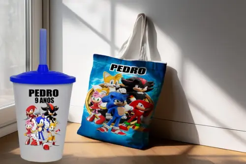 Kit Lembrancinhas do Sonic Sacola Ecobag +copo Twister