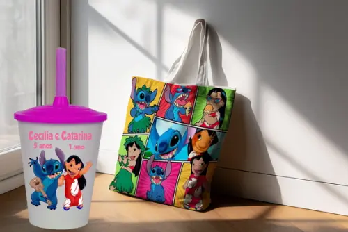 Kit Lembrancinhas Lillo Stitch Sacola Ecobag +copo Twister