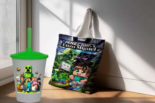 Kit Lembrancinhas Minecraft Sacola Ecobag e Copo Twister