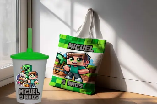 Kit Lembrancinhas Sacola Surpresa e Copo do Minecraft