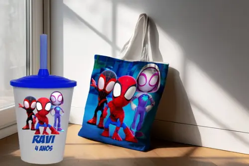 Kit Lembrancinhas Sacola Ecobag + Copo Spider e Seu Amigos