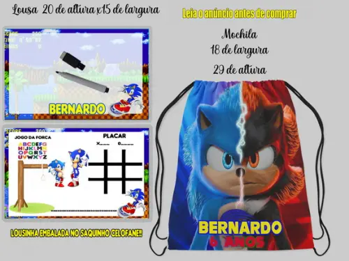 Kit Mochila + Lousa Magica com Caneta do Sonic