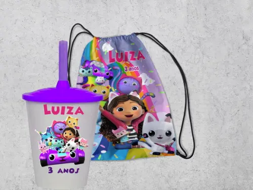 Kit Mochila +copo Twister da Casa Magica da Gabby