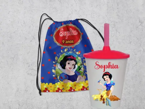 Kit Mochila +copo Twister Lembrancinhas Branca de Neve