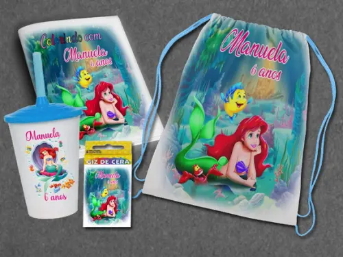 Kit Mochilinha Revista e Copo Sereia Ariel