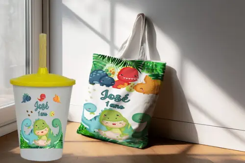 Kit Sacola Ecobag +copo Twister Dinossauros Baby